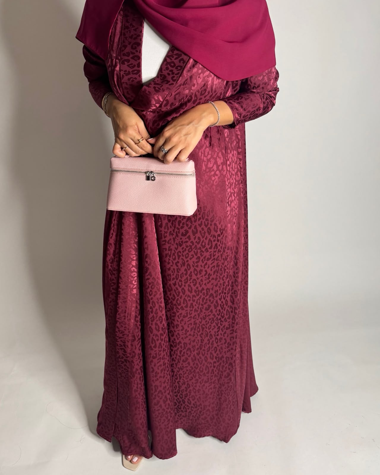 A611 - Pink-ish Maroon Leopard Pattern Summery A-CUT Wrap Abaya & Head Scarf