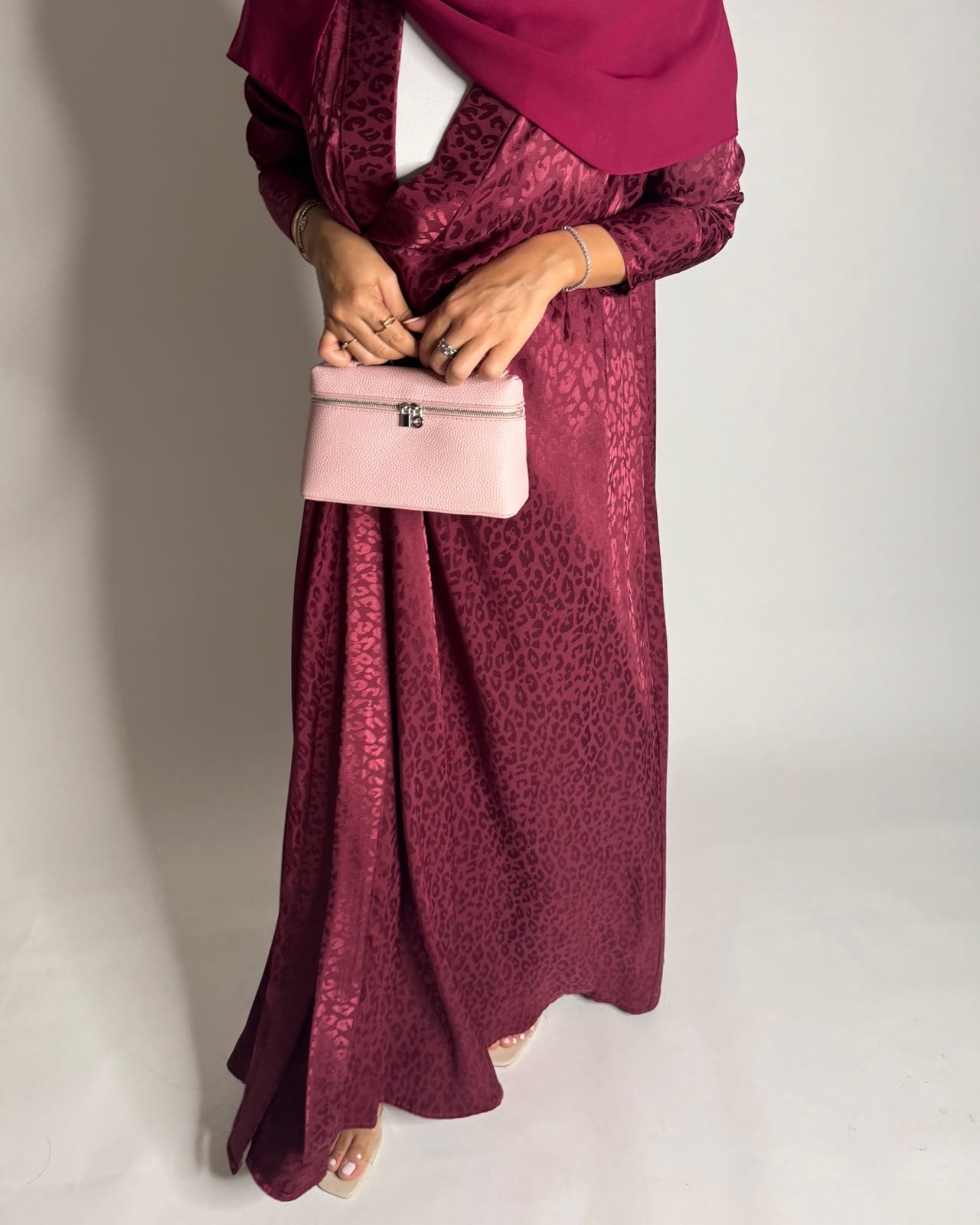 A611 - Pink-ish Maroon Leopard Pattern Summery A-CUT Wrap Abaya & Head Scarf
