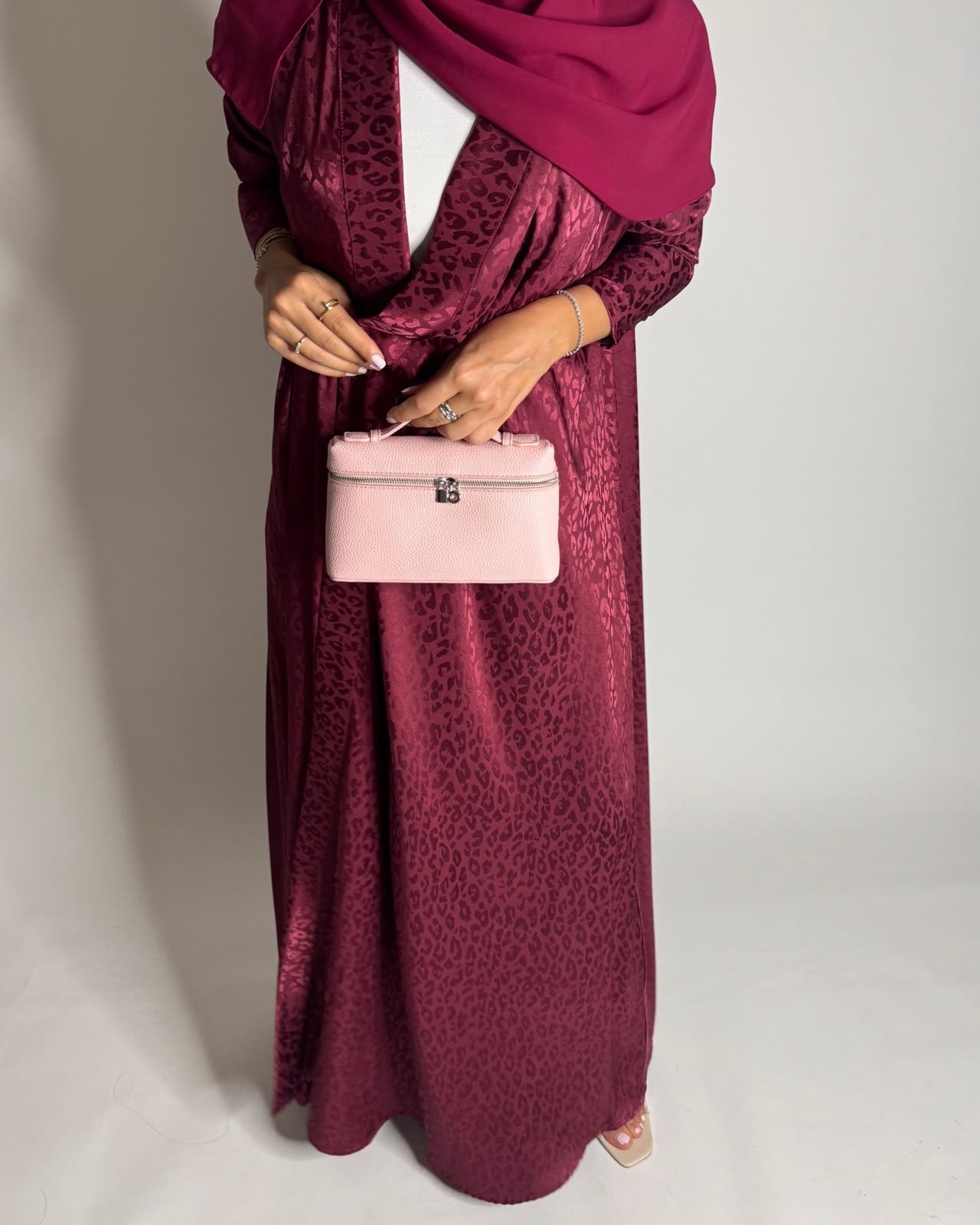 A611 - Pink-ish Maroon Leopard Pattern Summery A-CUT Wrap Abaya & Head Scarf
