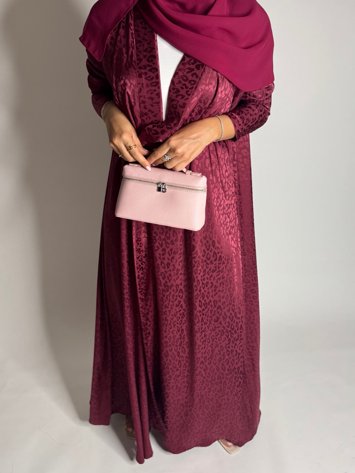 A611 - Pink-ish Maroon Leopard Pattern Summery A-CUT Wrap Abaya & Head Scarf