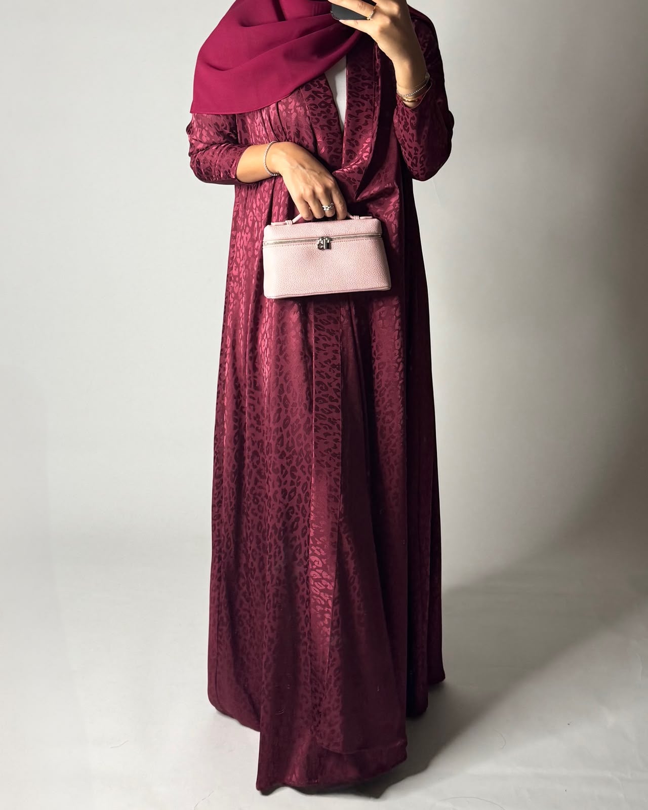 A611 - Pink-ish Maroon Leopard Pattern Summery A-CUT Wrap Abaya & Head Scarf