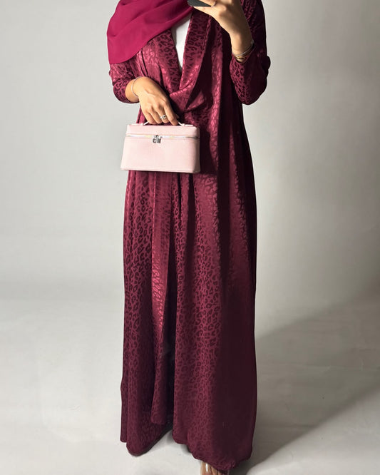 A611 - Pink-ish Maroon Leopard Pattern Summery A-CUT Wrap Abaya & Head Scarf