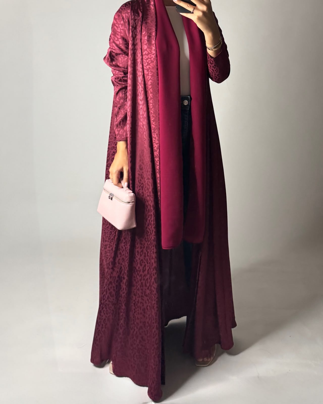 A611 - Pink-ish Maroon Leopard Pattern Summery A-CUT Wrap Abaya & Head Scarf
