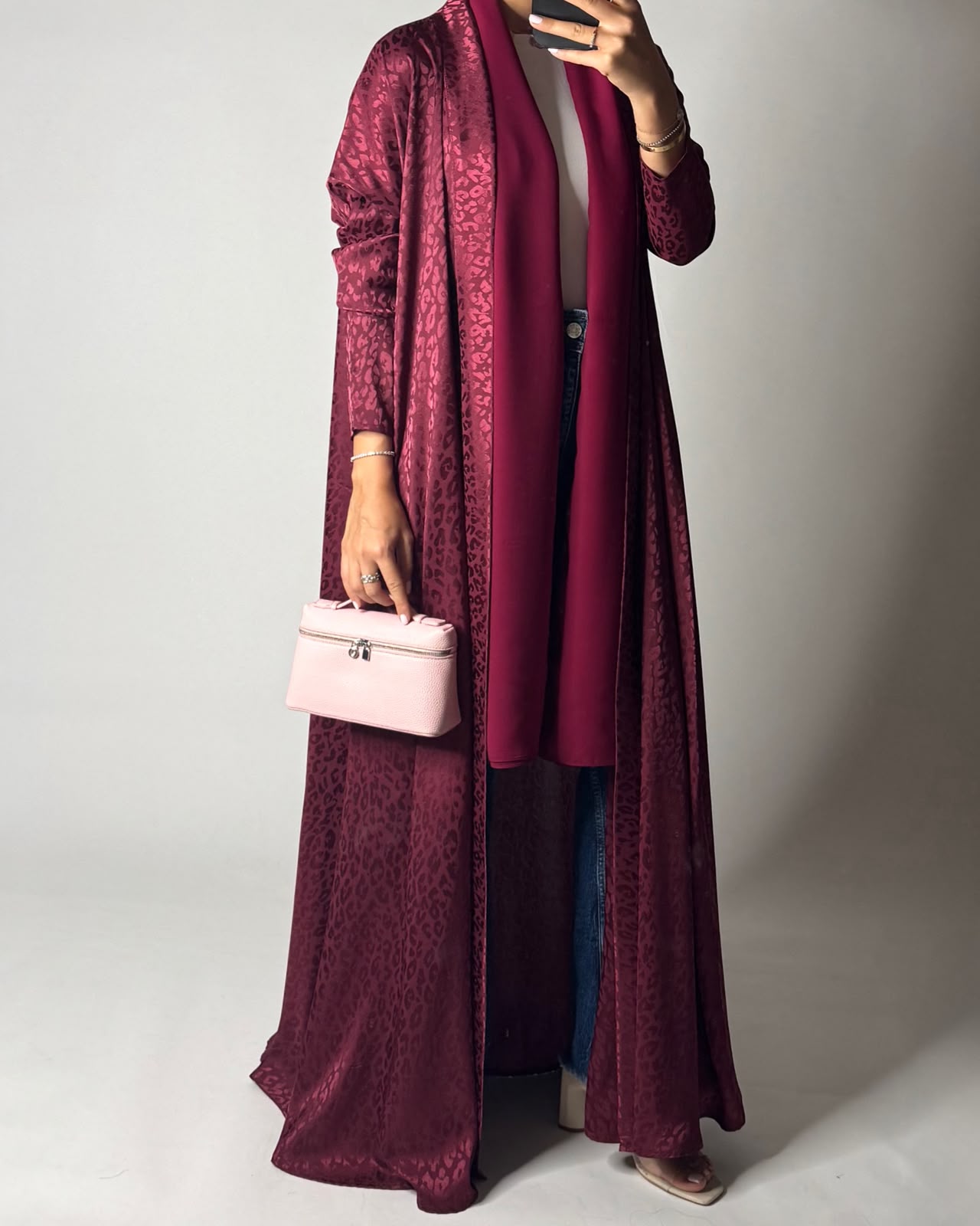 A611 - Pink-ish Maroon Leopard Pattern Summery A-CUT Wrap Abaya & Head Scarf