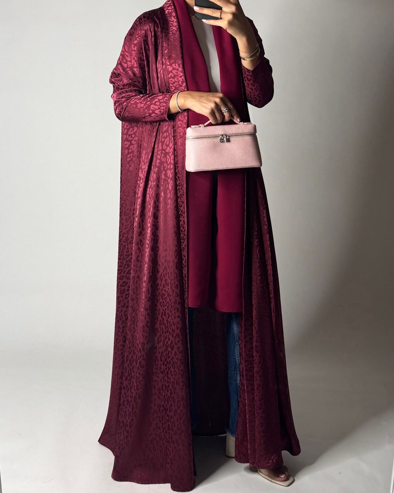A611 - Pink-ish Maroon Leopard Pattern Summery A-CUT Wrap Abaya & Head Scarf