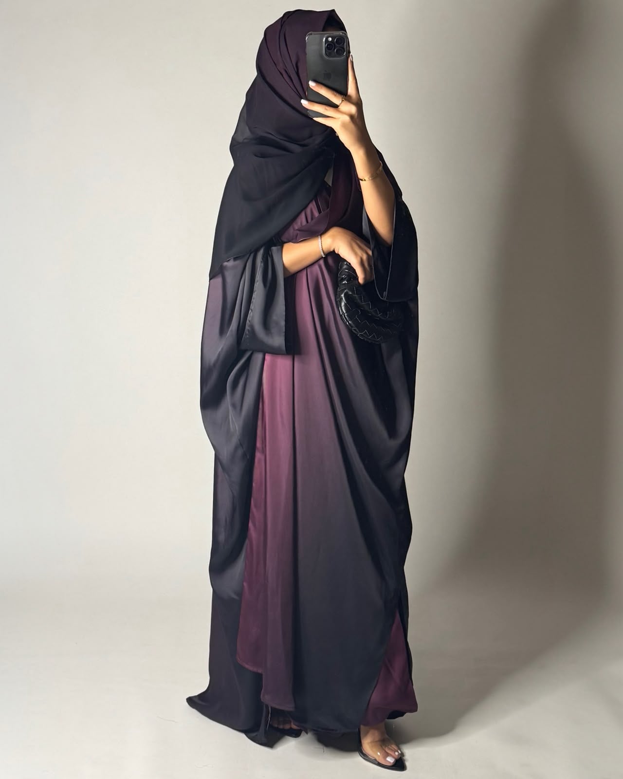 A620 - Black & Purple Ombre Summery Bisht Cut Abaya with Matching Head Scarf
