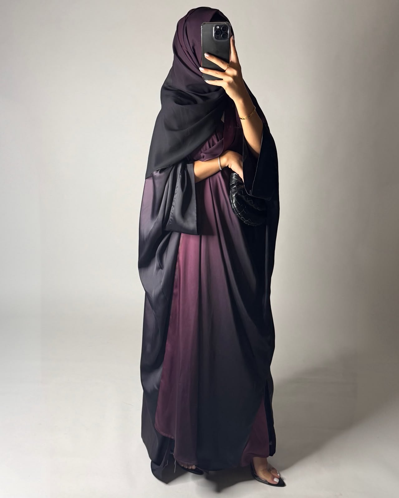 A620 - Black & Purple Ombre Summery Bisht Cut Abaya with Matching Head Scarf