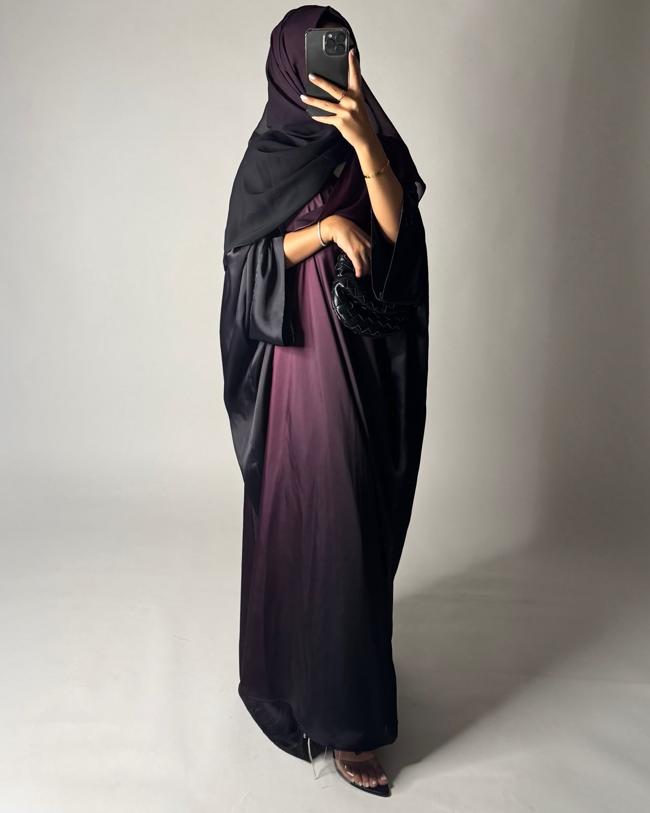 A620 - Black & Purple Ombre Summery Bisht Cut Abaya with Matching Head Scarf