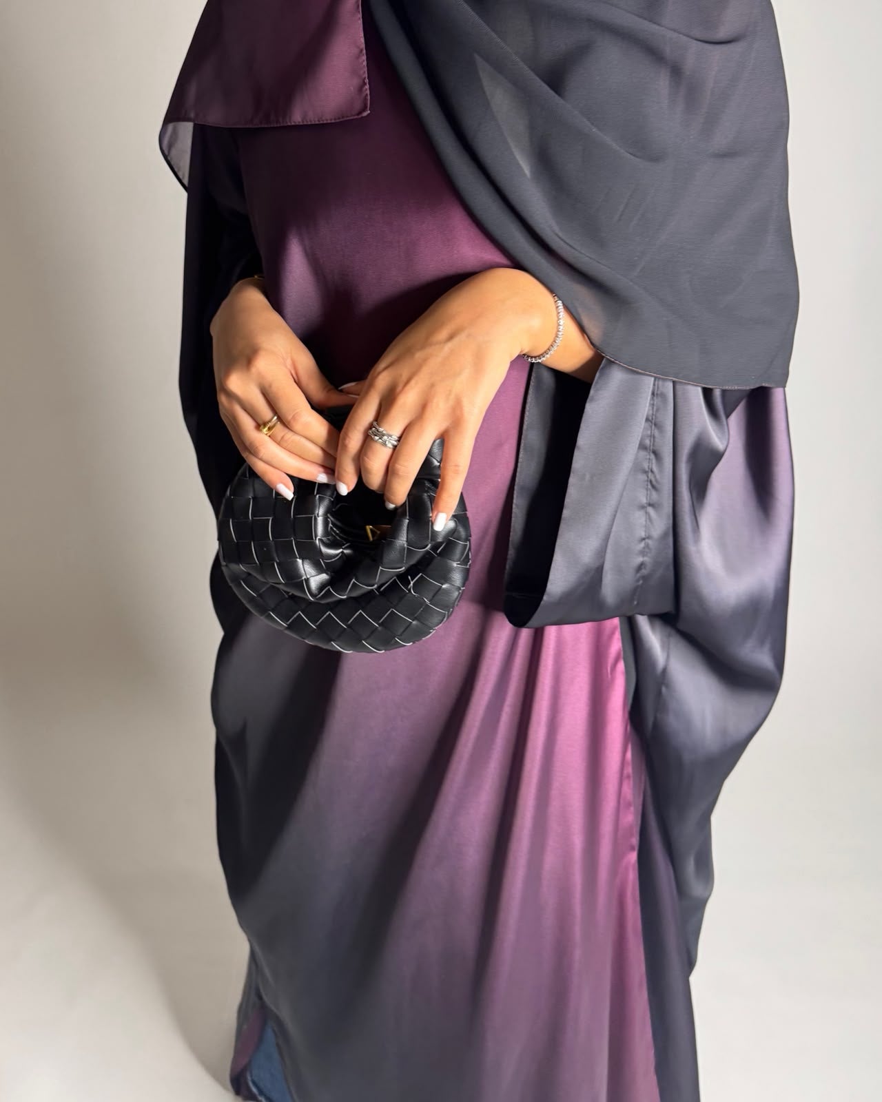 A620 - Black & Purple Ombre Summery Bisht Cut Abaya with Matching Head Scarf