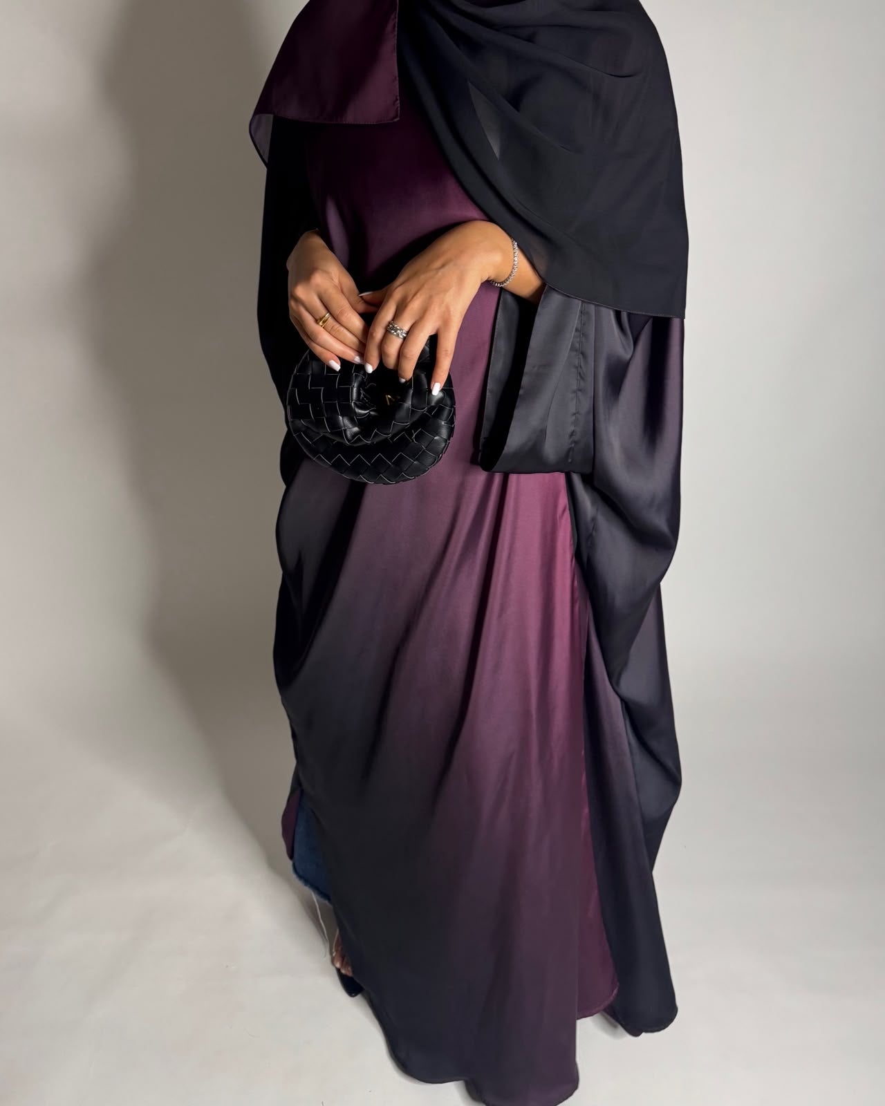 A620 - Black & Purple Ombre Summery Bisht Cut Abaya with Matching Head Scarf