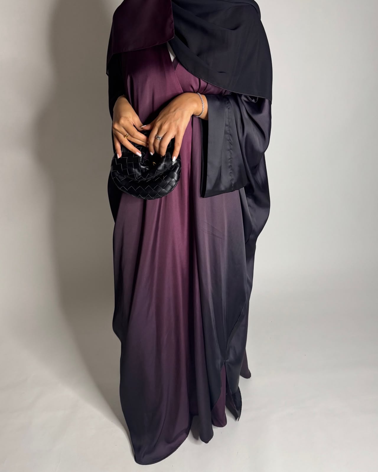 A620 - Black & Purple Ombre Summery Bisht Cut Abaya with Matching Head Scarf