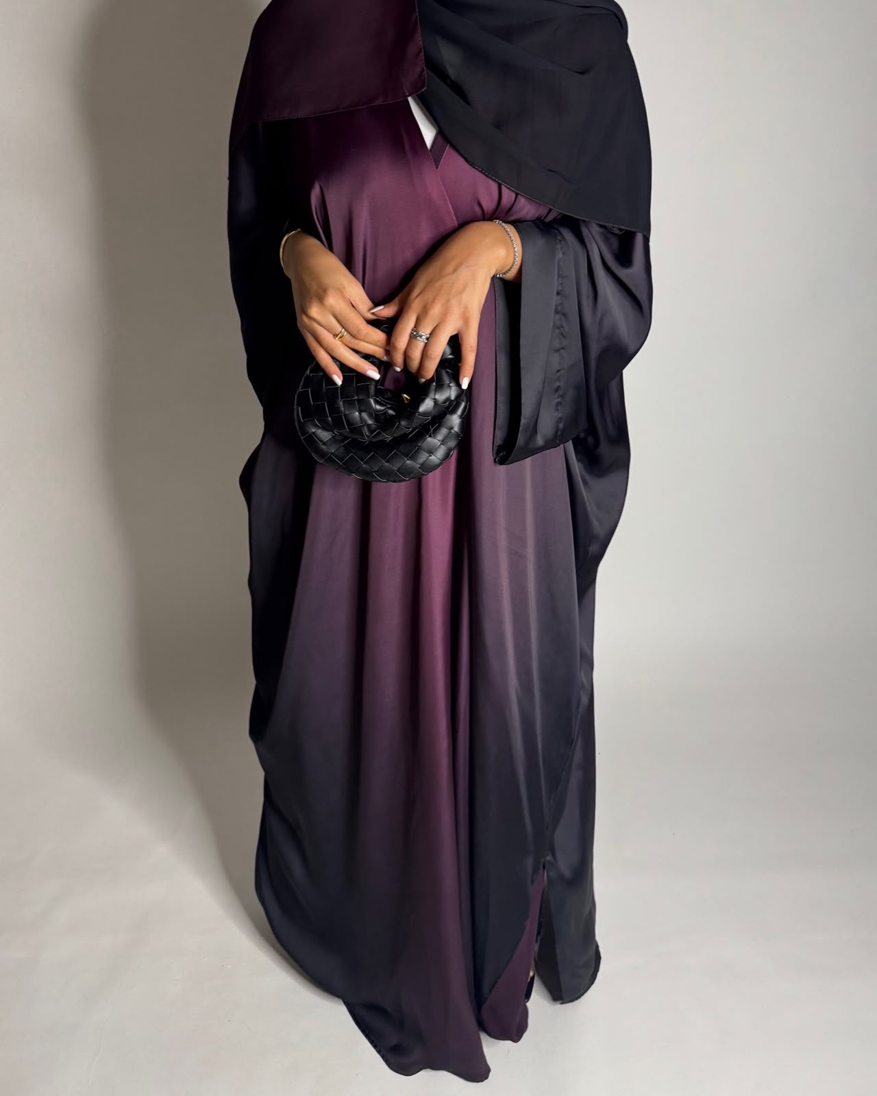 A620 - Black & Purple Ombre Summery Bisht Cut Abaya with Matching Head Scarf