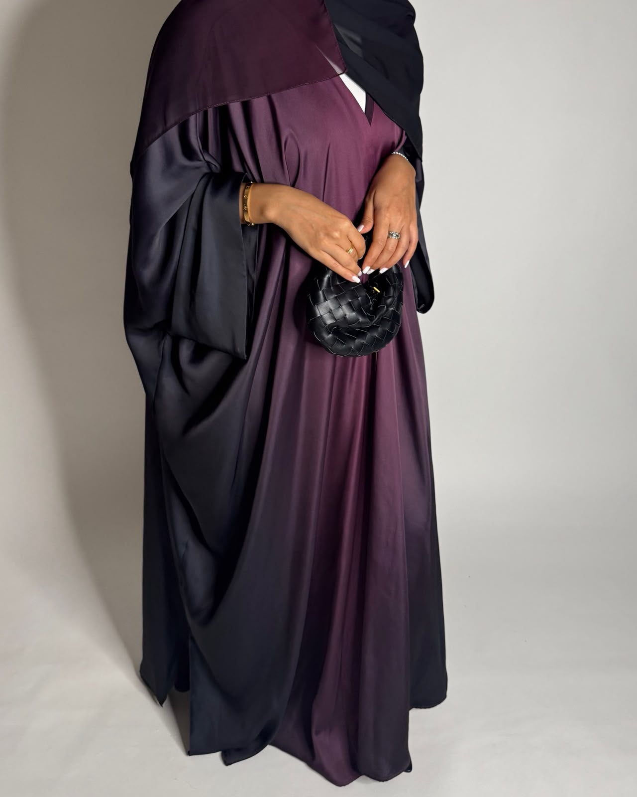 A620 - Black & Purple Ombre Summery Bisht Cut Abaya with Matching Head Scarf