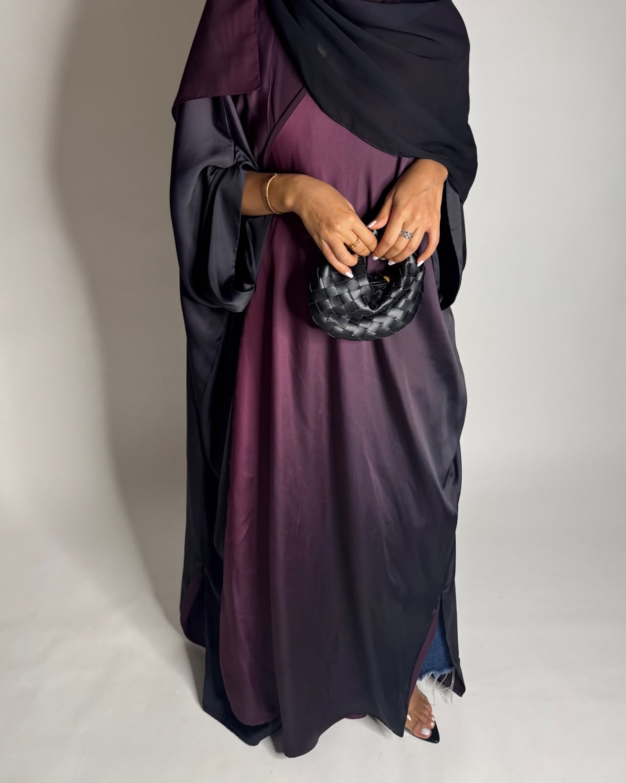 A620 - Black & Purple Ombre Summery Bisht Cut Abaya with Matching Head Scarf