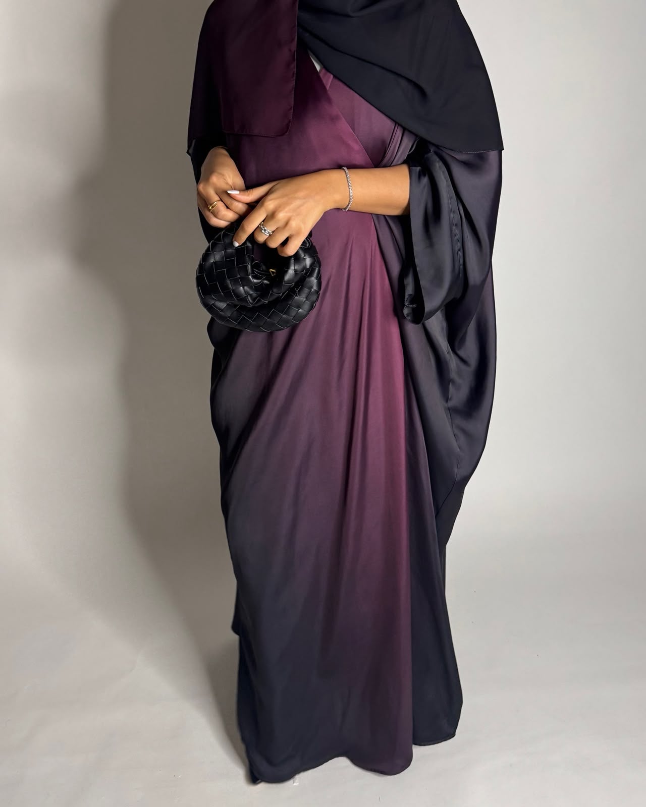 A620 - Black & Purple Ombre Summery Bisht Cut Abaya with Matching Head Scarf