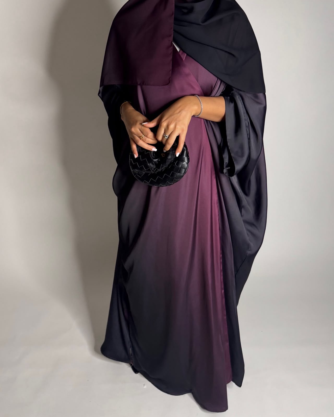 A620 - Black & Purple Ombre Summery Bisht Cut Abaya with Matching Head Scarf
