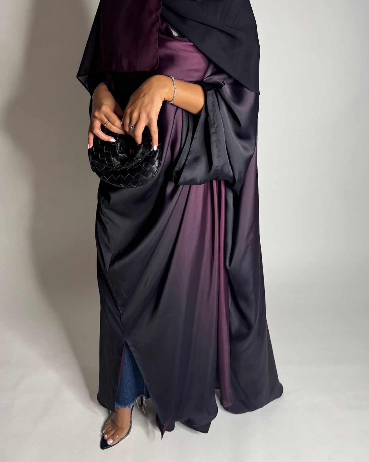 A620 - Black & Purple Ombre Summery Bisht Cut Abaya with Matching Head Scarf