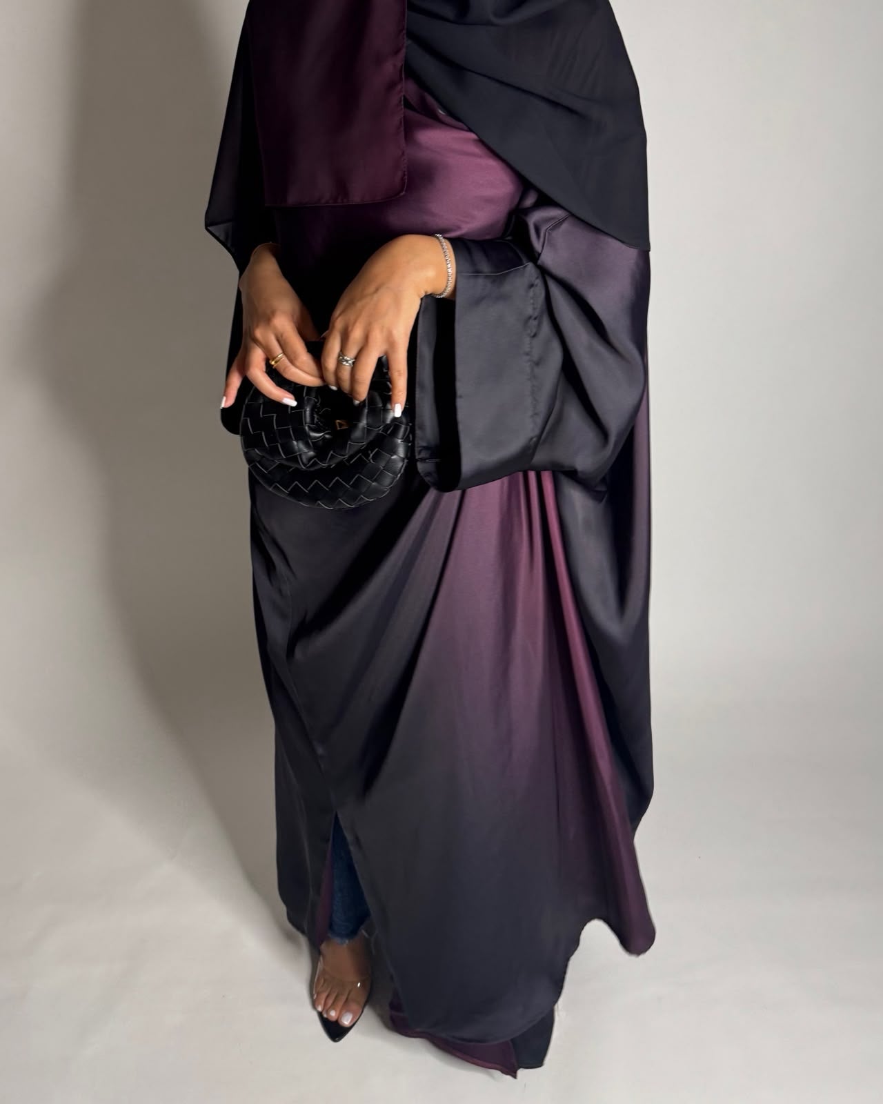 A620 - Black & Purple Ombre Summery Bisht Cut Abaya with Matching Head Scarf