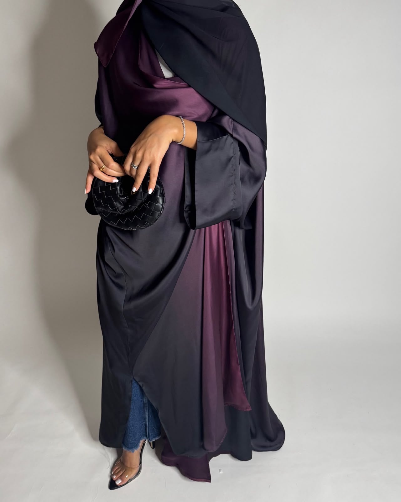 A620 - Black & Purple Ombre Summery Bisht Cut Abaya with Matching Head Scarf