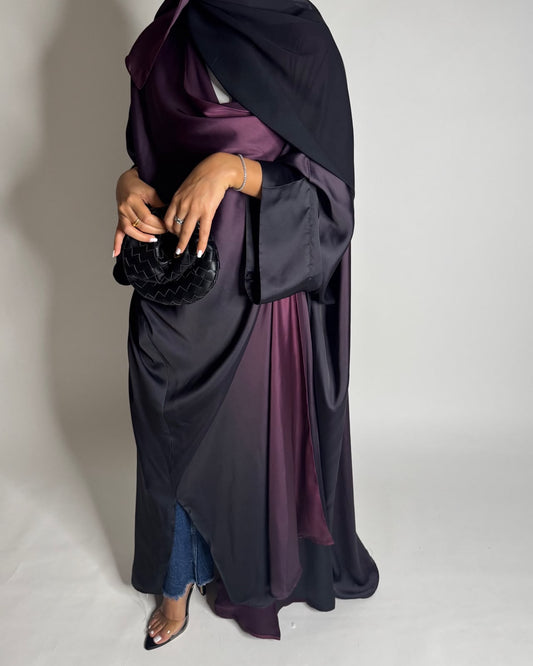 A620 - Black & Purple Ombre Summery Bisht Cut Abaya with Matching Head Scarf