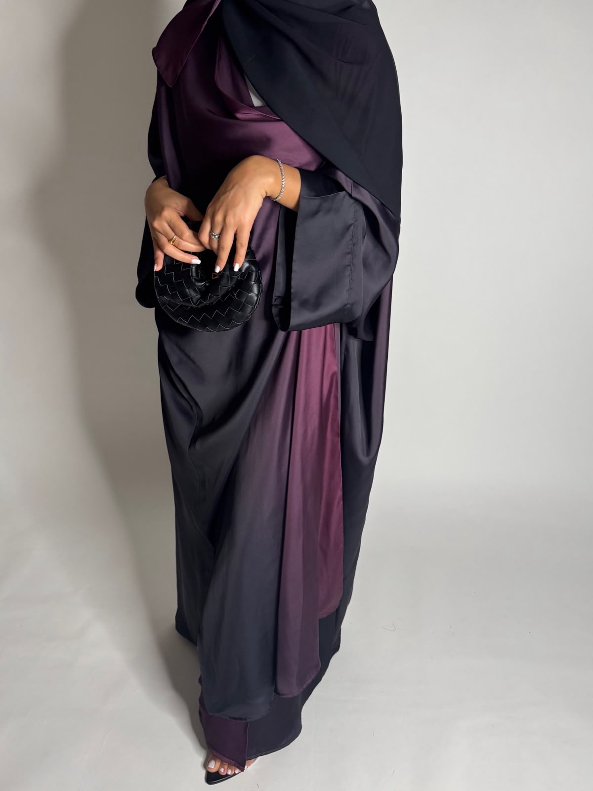A620 - Black & Purple Ombre Summery Bisht Cut Abaya with Matching Head Scarf