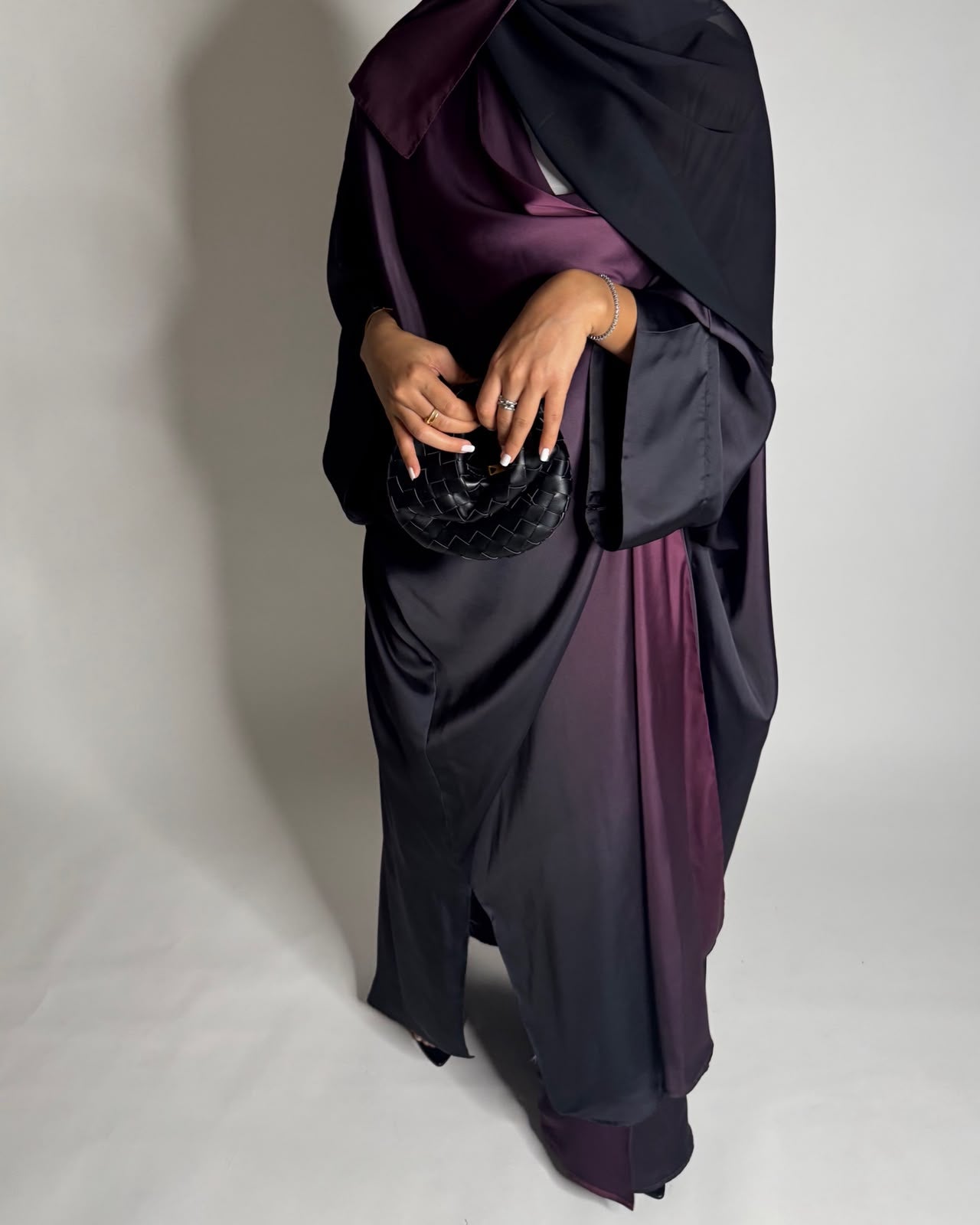 A620 - Black & Purple Ombre Summery Bisht Cut Abaya with Matching Head Scarf
