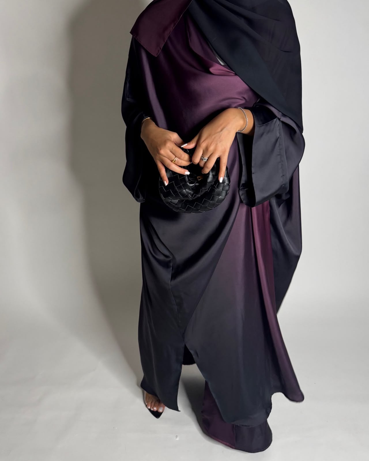 A620 - Black & Purple Ombre Summery Bisht Cut Abaya with Matching Head Scarf