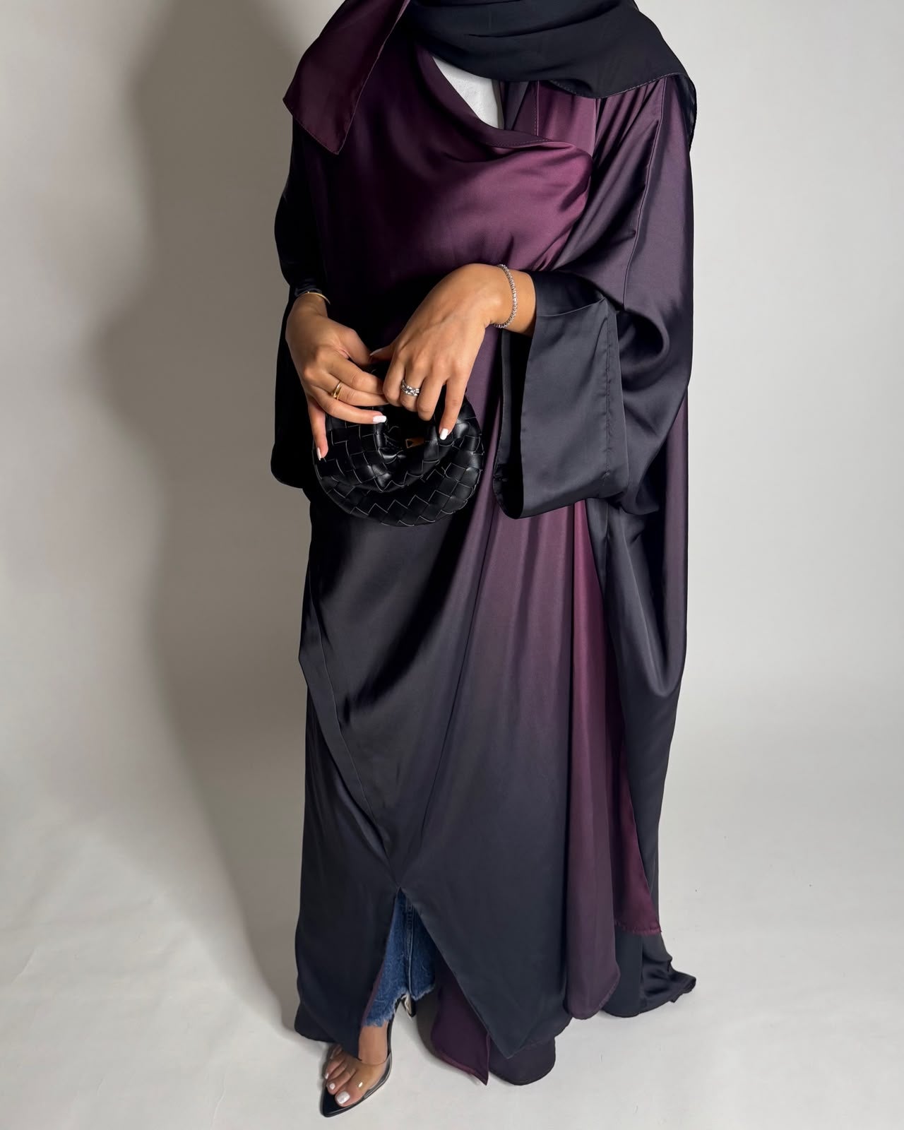 A620 - Black & Purple Ombre Summery Bisht Cut Abaya with Matching Head Scarf