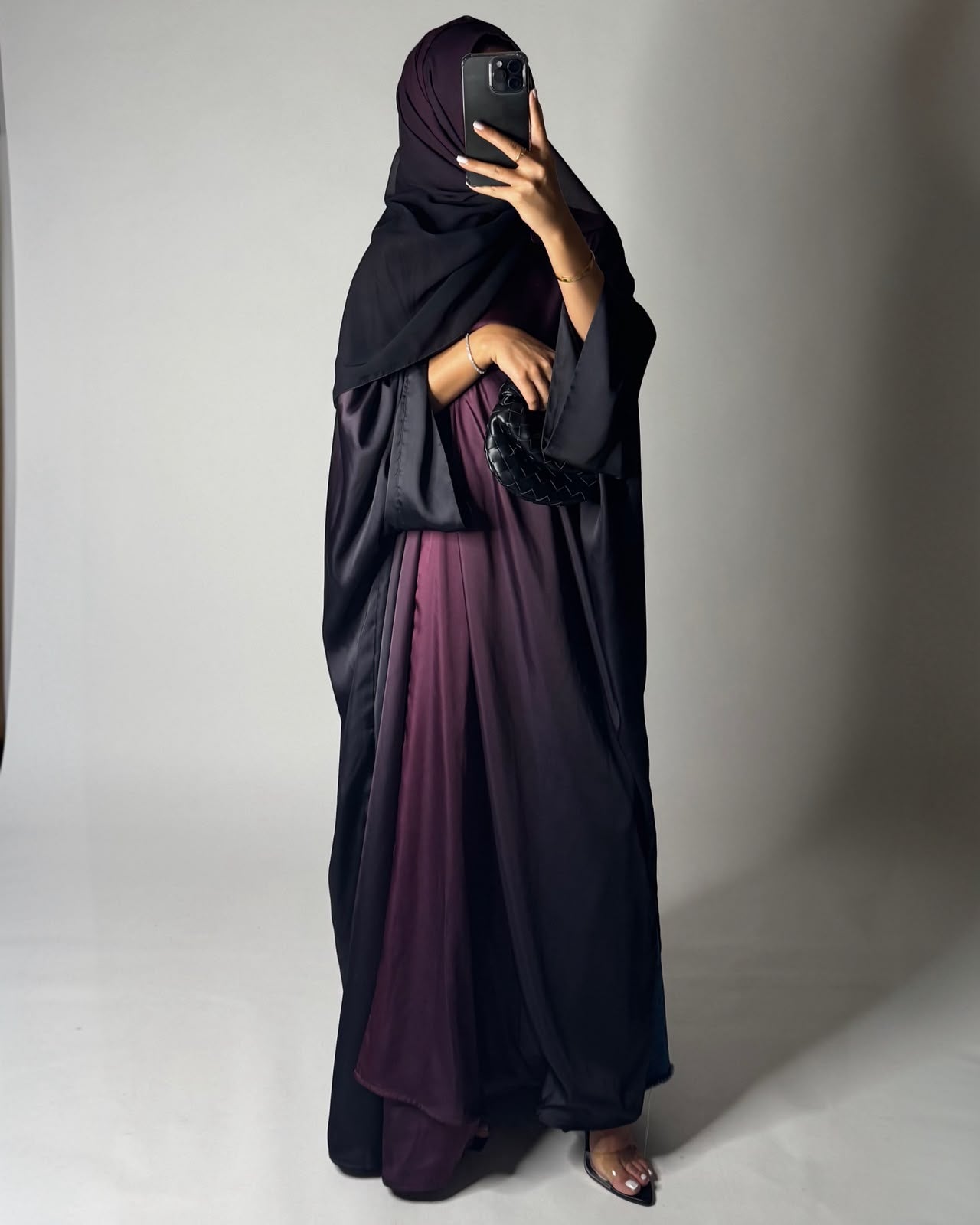 A620 - Black & Purple Ombre Summery Bisht Cut Abaya with Matching Head Scarf