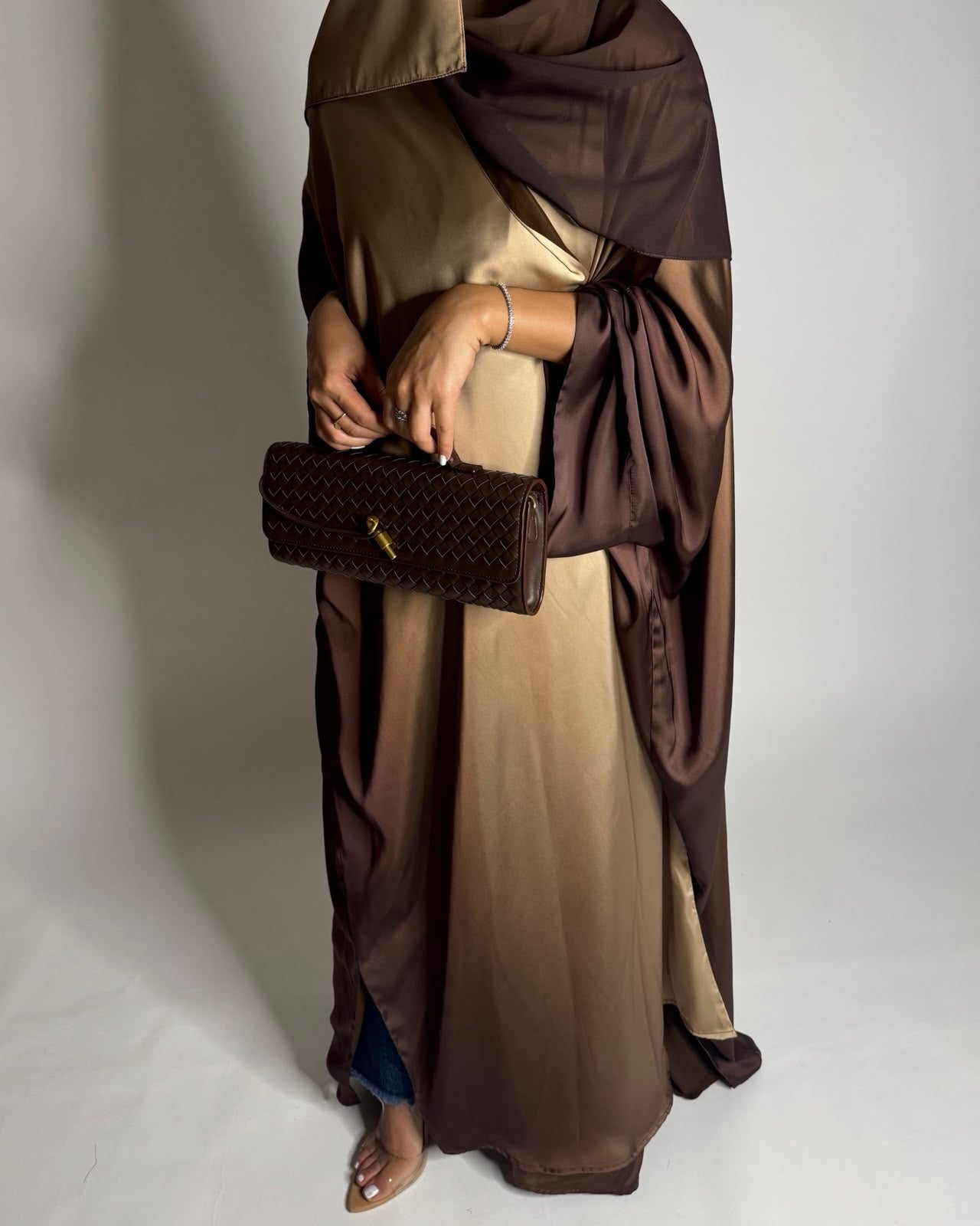 A625 - Shades of Caramel Brown Ombre Summery Bisht Cut Abaya with Matching Head Scarf