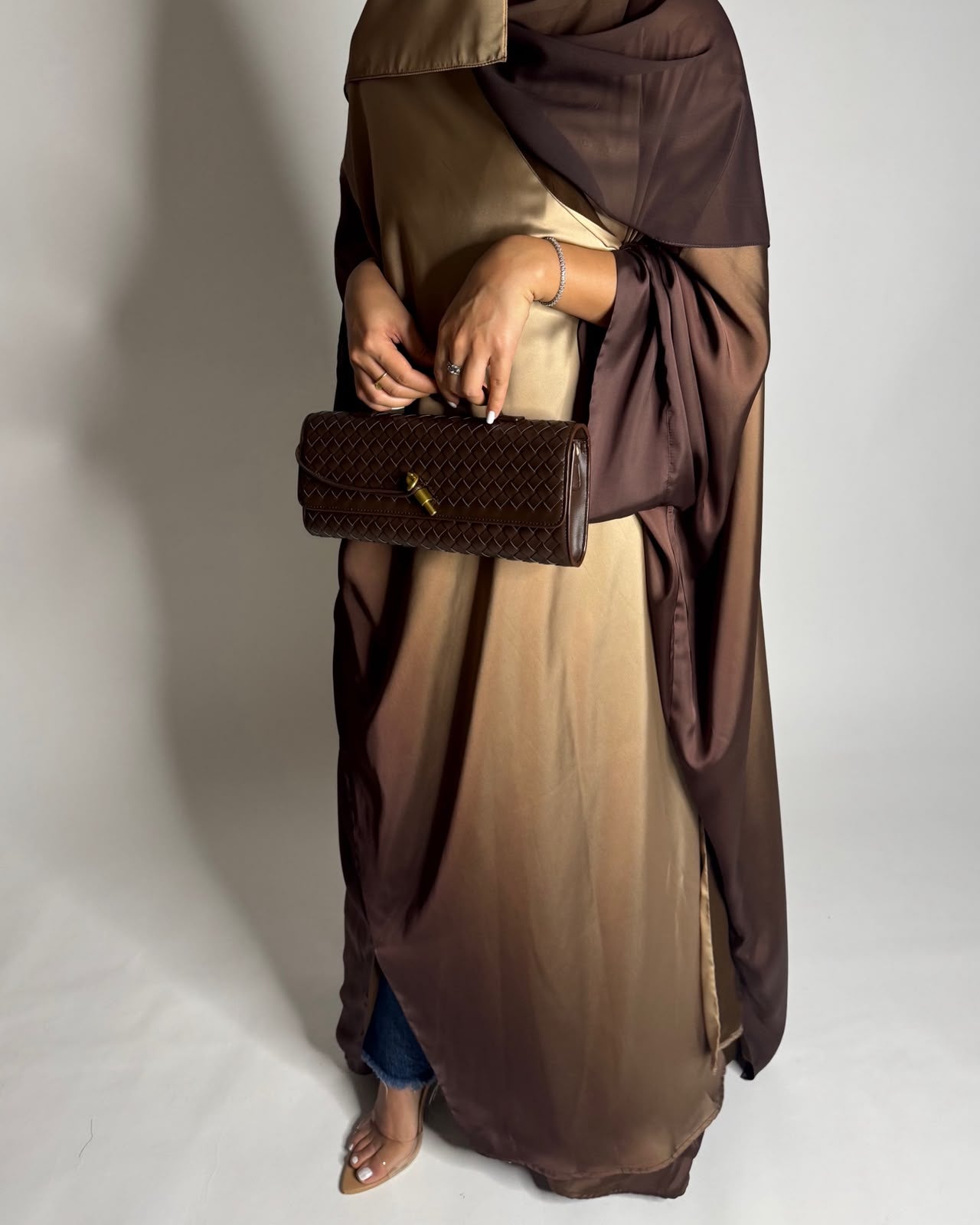A625 - Shades of Caramel Brown Ombre Summery Bisht Cut Abaya with Matching Head Scarf