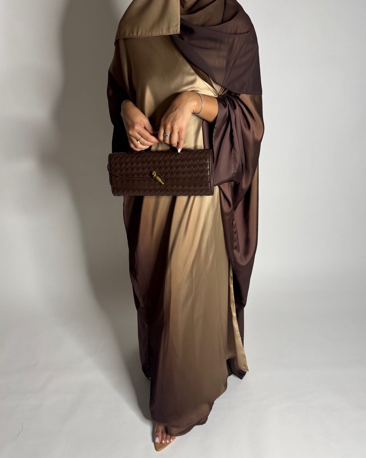 A625 - Shades of Caramel Brown Ombre Summery Bisht Cut Abaya with Matching Head Scarf