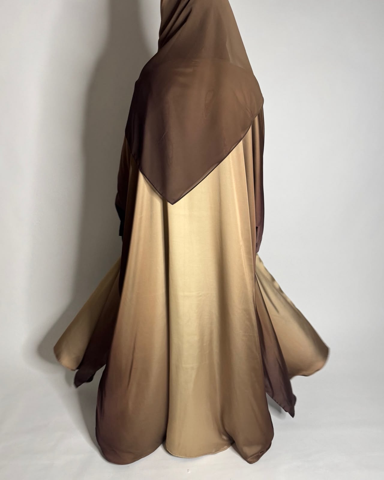 A625 - Shades of Caramel Brown Ombre Summery Bisht Cut Abaya with Matching Head Scarf