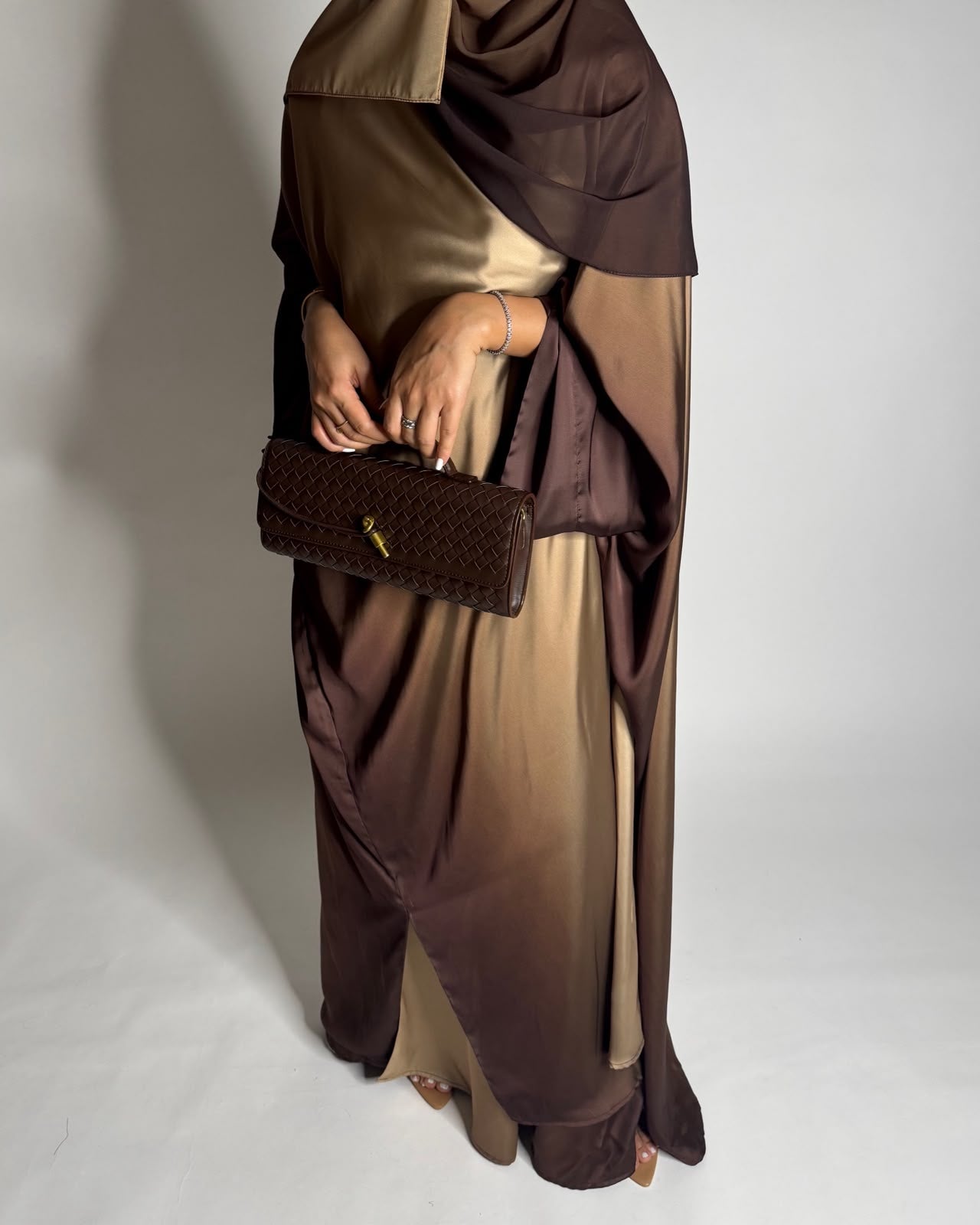 A625 - Shades of Caramel Brown Ombre Summery Bisht Cut Abaya with Matching Head Scarf
