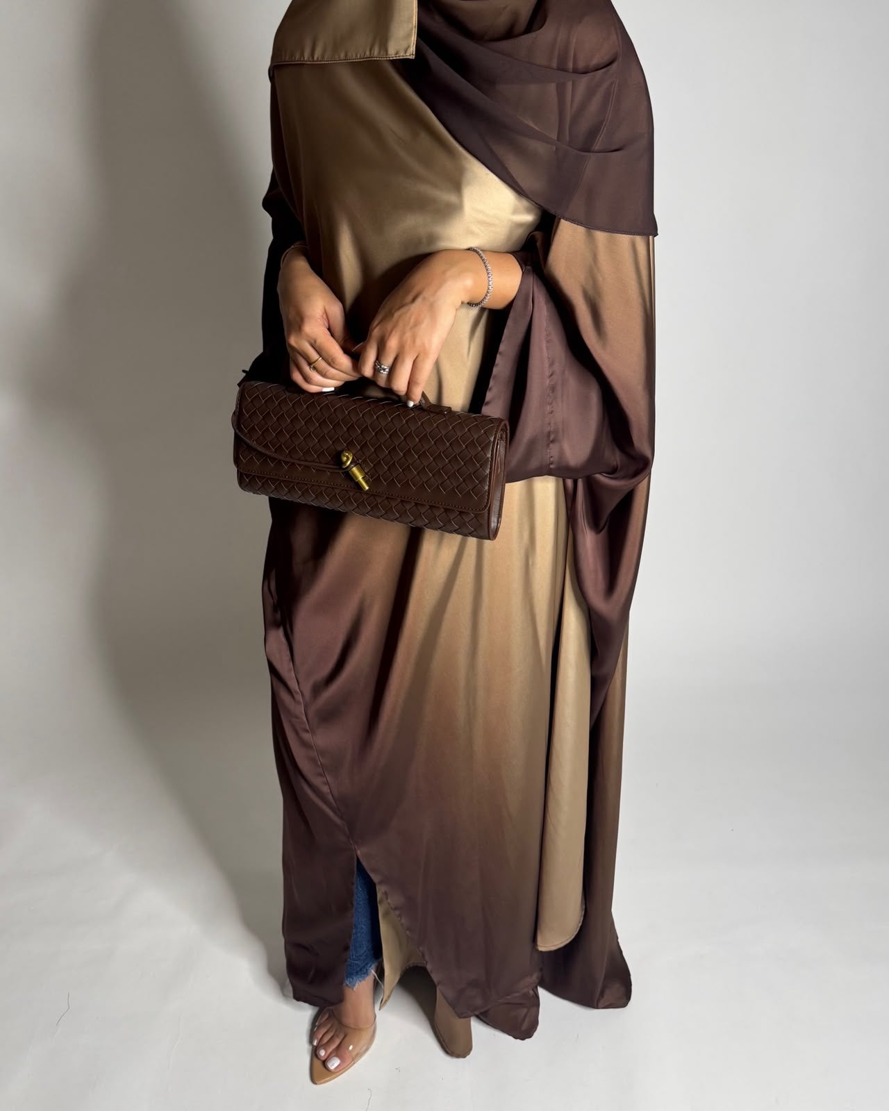A625 - Shades of Caramel Brown Ombre Summery Bisht Cut Abaya with Matching Head Scarf