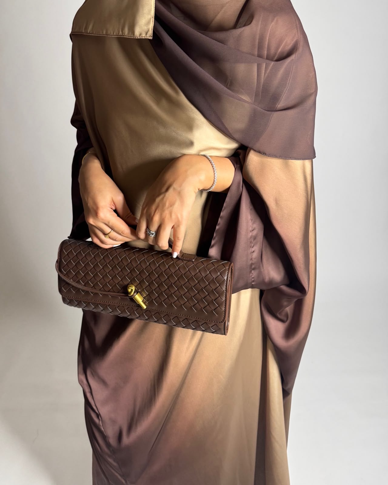 A625 - Shades of Caramel Brown Ombre Summery Bisht Cut Abaya with Matching Head Scarf