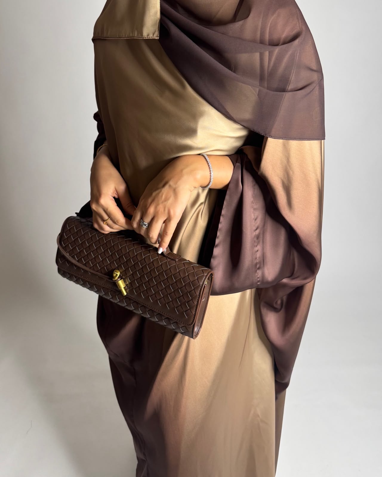 A625 - Shades of Caramel Brown Ombre Summery Bisht Cut Abaya with Matching Head Scarf
