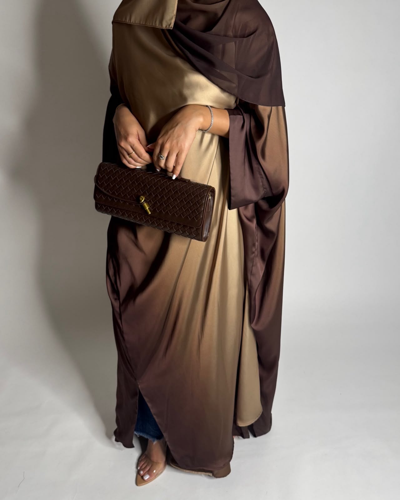 A625 - Shades of Caramel Brown Ombre Summery Bisht Cut Abaya with Matching Head Scarf