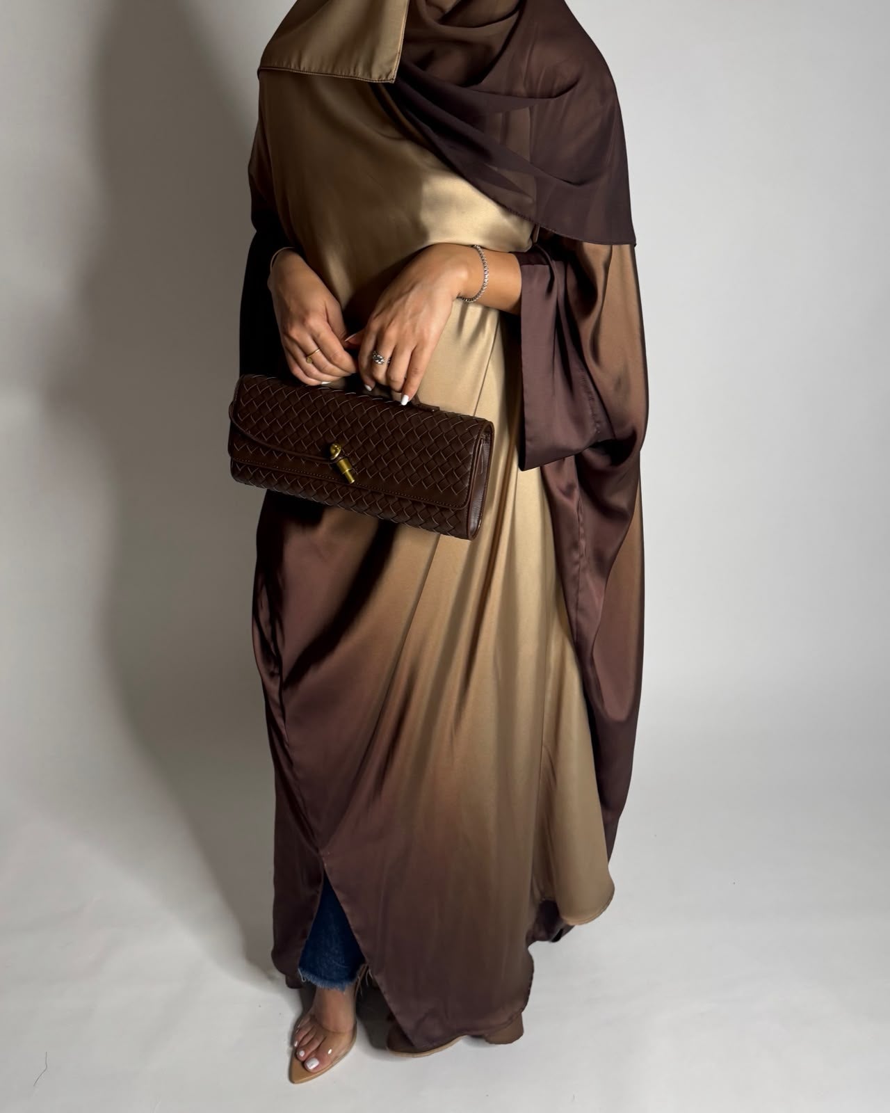 A625 - Shades of Caramel Brown Ombre Summery Bisht Cut Abaya with Matching Head Scarf