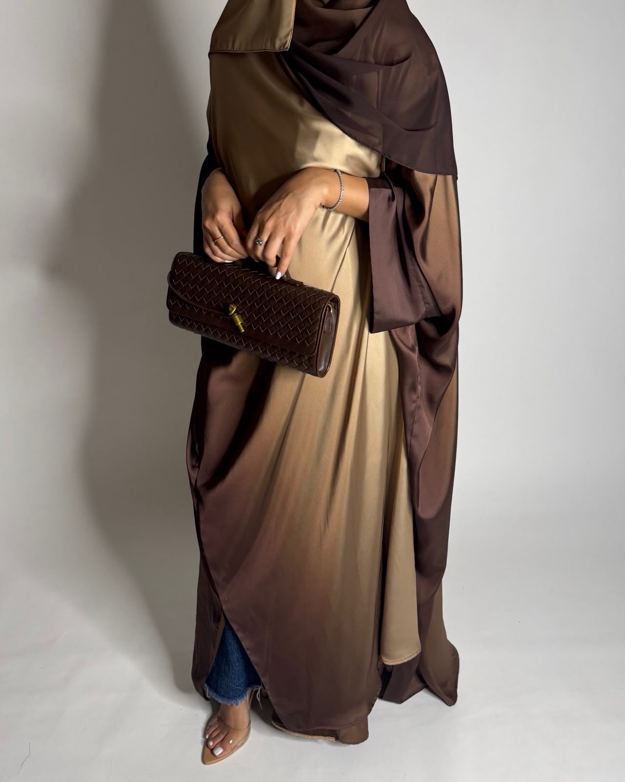 A625 - Shades of Caramel Brown Ombre Summery Bisht Cut Abaya with Matching Head Scarf