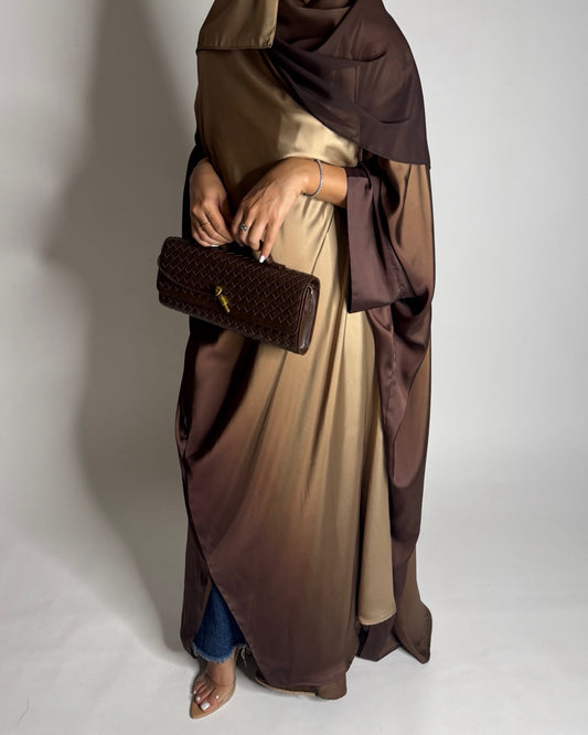 A625 - Shades of Caramel Brown Ombre Summery Bisht Cut Abaya with Matching Head Scarf