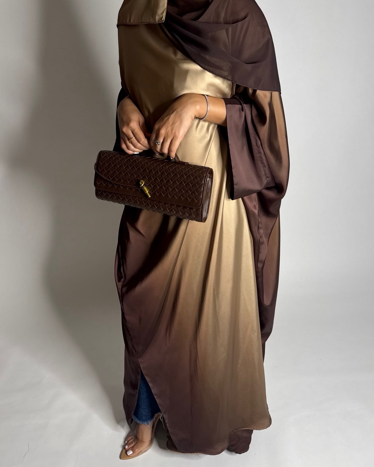 A625 - Shades of Caramel Brown Ombre Summery Bisht Cut Abaya with Matching Head Scarf