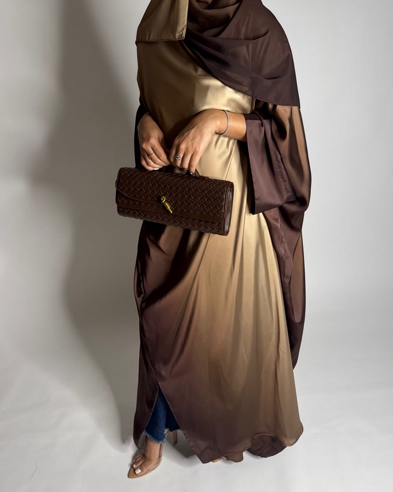 A625 - Shades of Caramel Brown Ombre Summery Bisht Cut Abaya with Matching Head Scarf