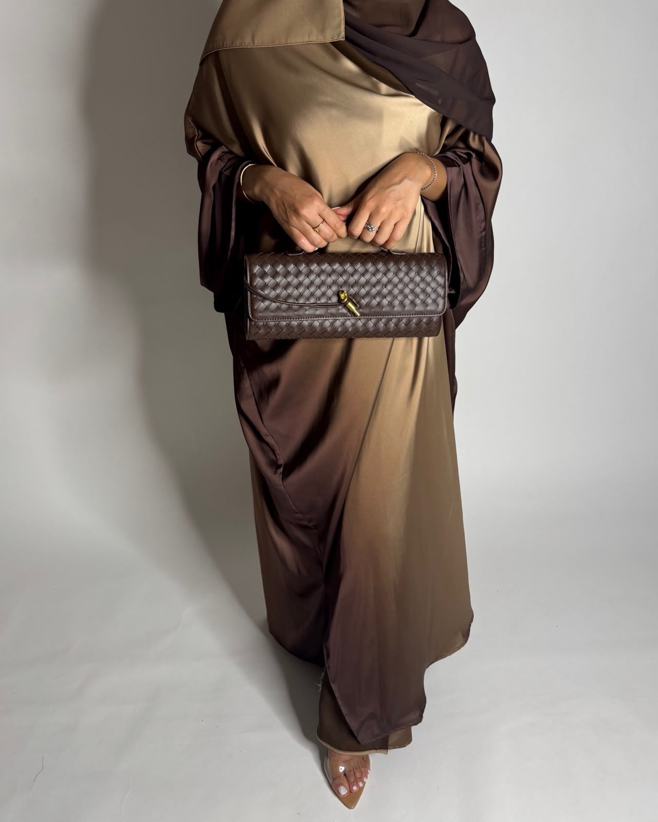 A625 - Shades of Caramel Brown Ombre Summery Bisht Cut Abaya with Matching Head Scarf