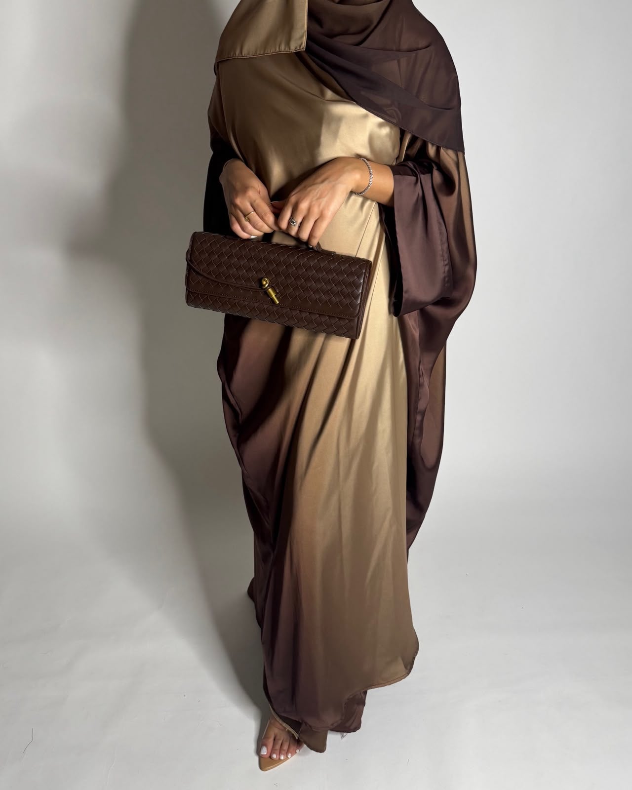 A625 - Shades of Caramel Brown Ombre Summery Bisht Cut Abaya with Matching Head Scarf