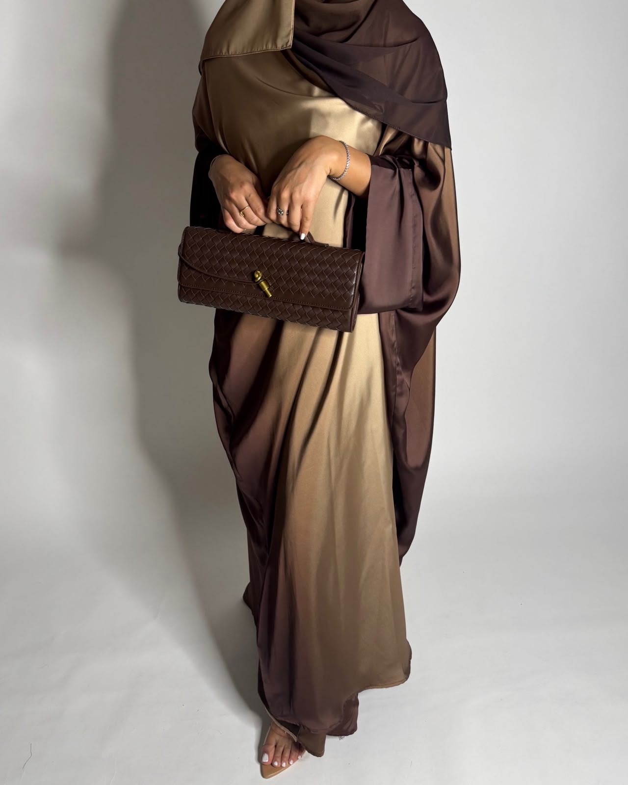 A625 - Shades of Caramel Brown Ombre Summery Bisht Cut Abaya with Matching Head Scarf