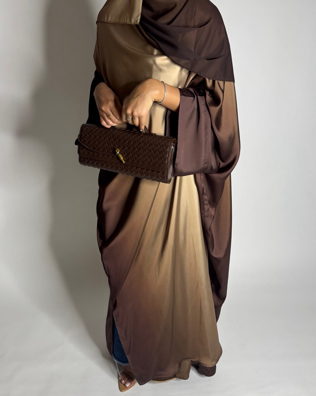 A625 - Shades of Caramel Brown Ombre Summery Bisht Cut Abaya with Matching Head Scarf