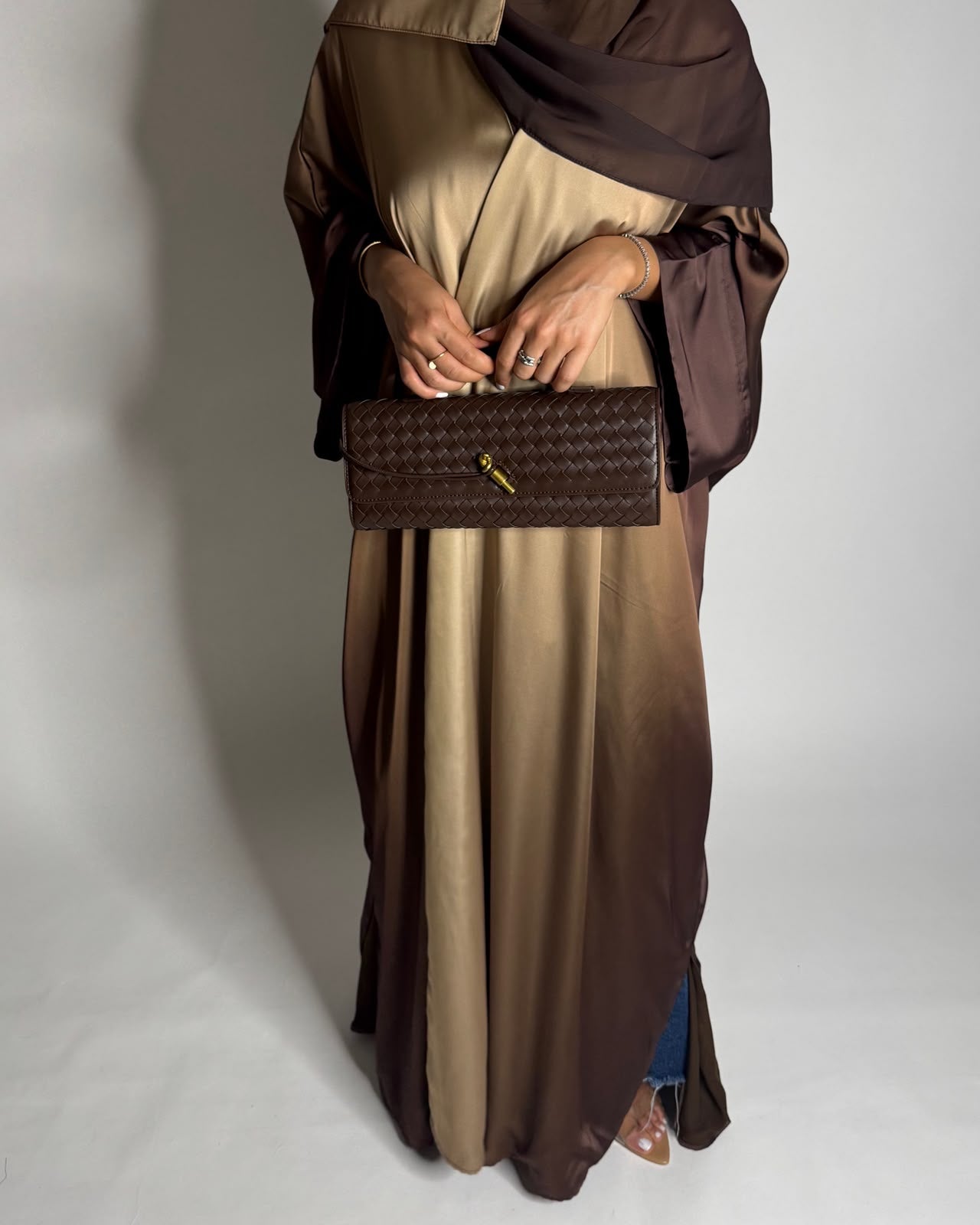 A625 - Shades of Caramel Brown Ombre Summery Bisht Cut Abaya with Matching Head Scarf