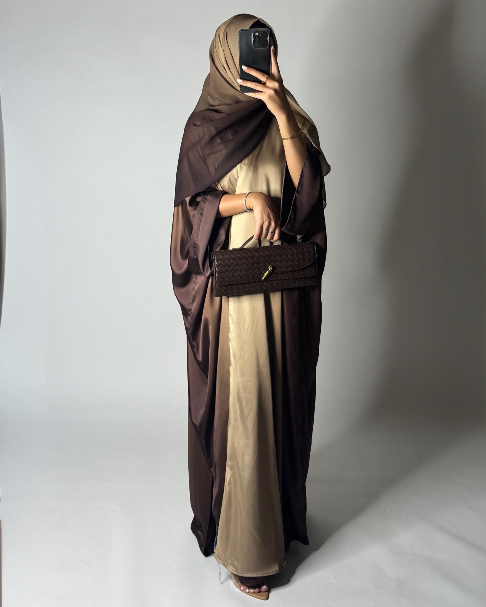 A625 - Shades of Caramel Brown Ombre Summery Bisht Cut Abaya with Matching Head Scarf