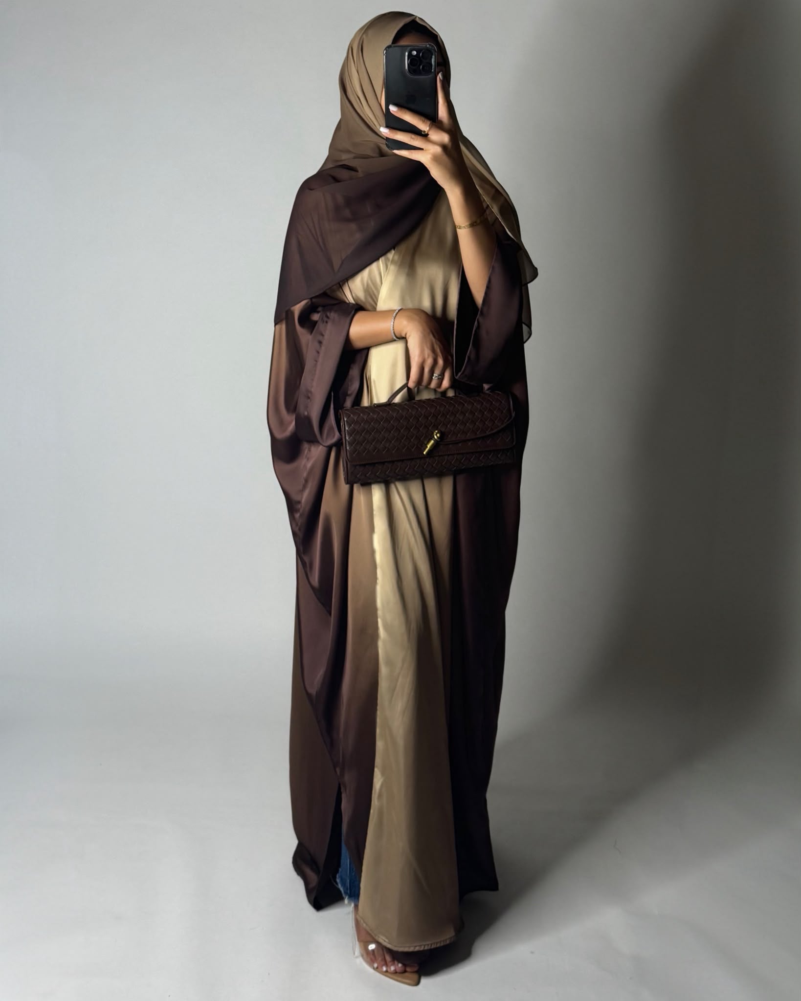 A625 - Shades of Caramel Brown Ombre Summery Bisht Cut Abaya with Matching Head Scarf